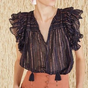 Striped Ruffle Sleeve Top - Black and Pink